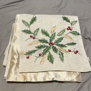 Embroidered Ridgefield Home table runner with Christmas holly design